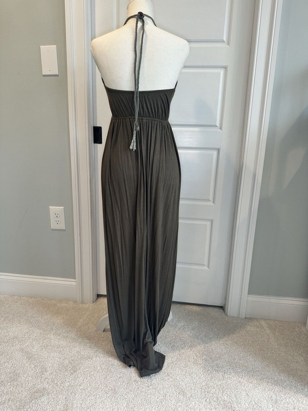 Olive Green Beaded Halter Maxi Dress – Boho Tribal Wood Bead Neckline – Size S - Picture 4 of 7